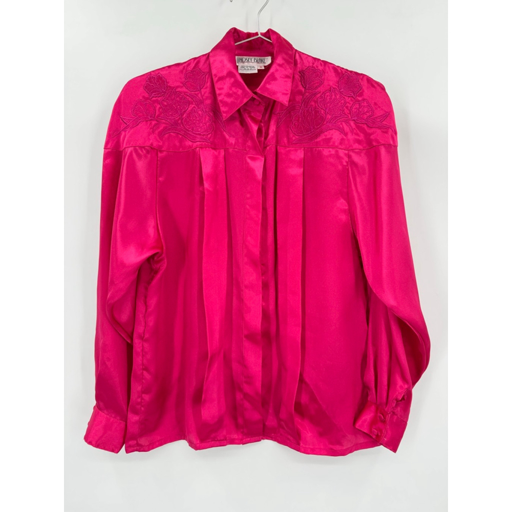Vintage 80s Hot Pink Blouse Embroidered Flowers Barbie Coastal Cowgirl Western
